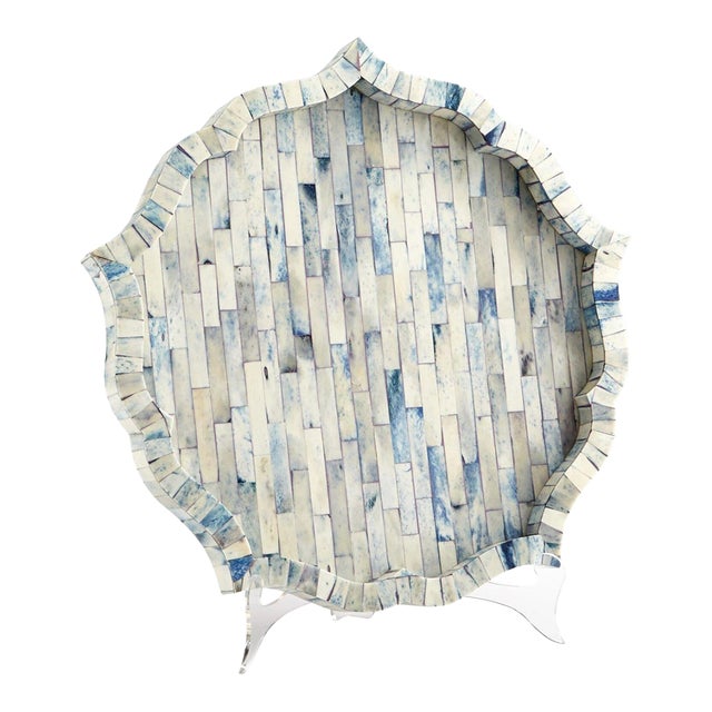 Cyan Design "Mirage" Artisan Bone Inlay Scalloped Mosaic Tray - Large Blue For Sale