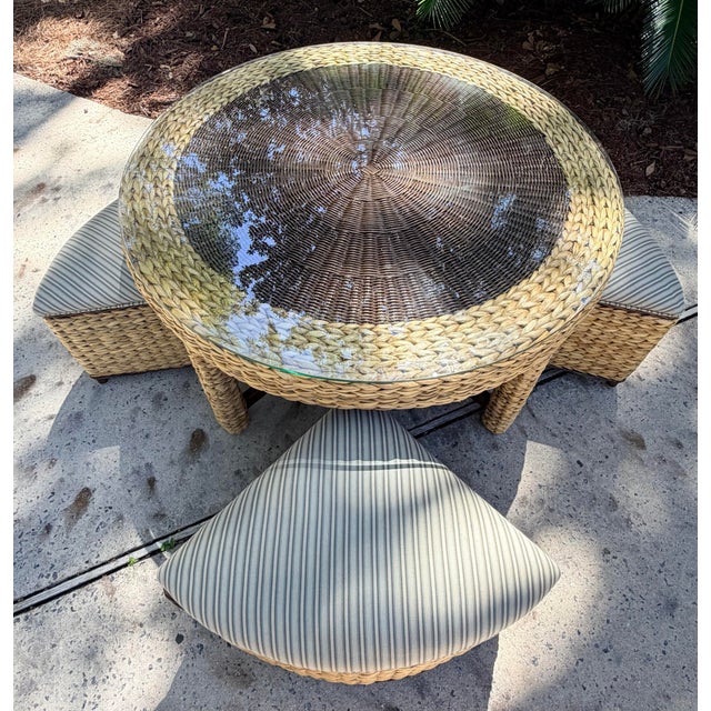 Round Woven Wicker Coffee/Game Table Set With Matching Nesting Stools Ottomans and Glass Top For Sale - Image 12 of 12