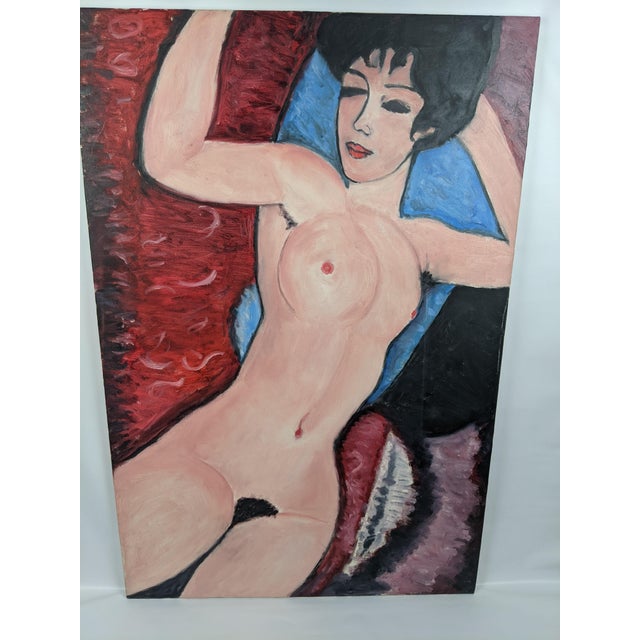 Large Modernist Reclining Female Nude Original Oil Painting on Canvas, Mid-20th Century For Sale - Image 4 of 13