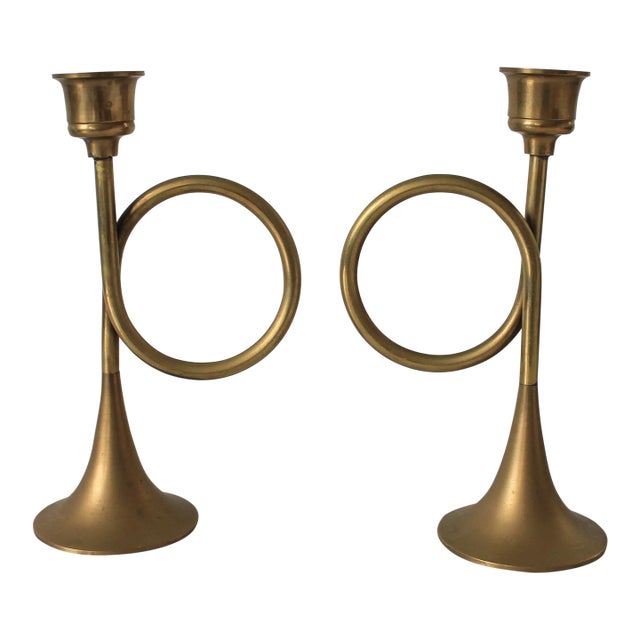 Vintage Brass Trumpet Candle Holders For Sale