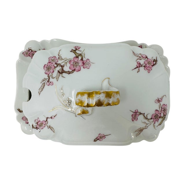 Antique Haviland Limoges Gravy Boat With Attached Underplate, Schleiger 222 Pink Cherry Blossom Floral Pattern, 1876-1889 H&Co/L Mark For Sale - Image 15 of 18