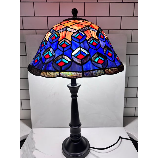 Blue 1990s Authentic Dale Tiffany Stained Glass Peacock Table Lamp Bronze Signed Pull Chain For Sale - Image 8 of 8