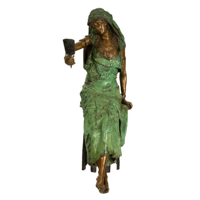 Green Antique Italian Art Nouveau Cold Painted Bronze Orientalist Figure Arab Girl by Ferdinando De Luca 1900 For Sale - Image 8 of 12
