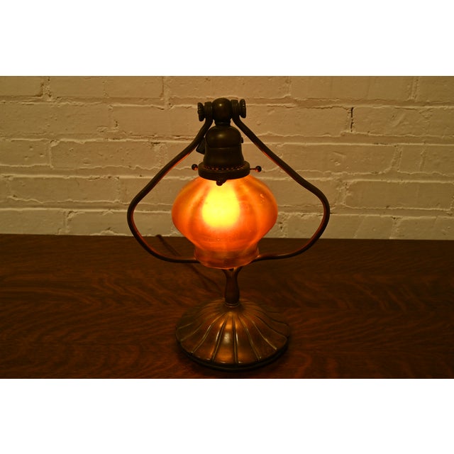 Tiffany Studios New York Bronze Harp Favrile Iridescent Art Glass Desk Lamp For Sale In South Bend - Image 6 of 12