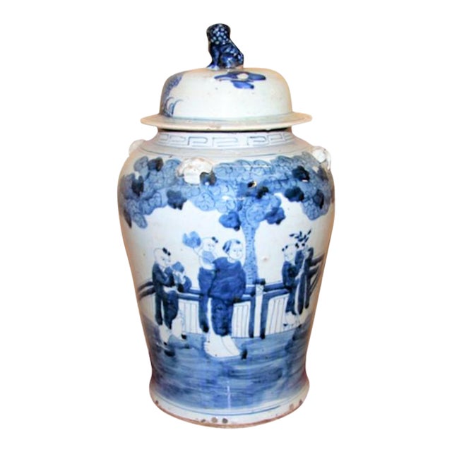 Large Blue & White Chinoiserie Ginger Jar With Children For Sale