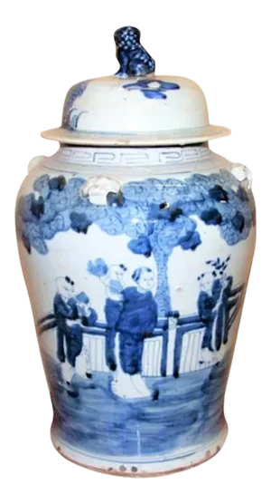 Large Blue & White Chinoiserie Ginger Jar With Children
