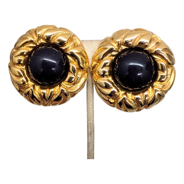 Vintage 1980s Signed Escada Round Goldtone Faux-Onyx Cabochon Clip Earrings-2 Pieces For Sale