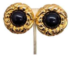 Vintage 1980s Signed Escada Round Goldtone Faux-Onyx Cabochon Clip Earrings-2 Pieces