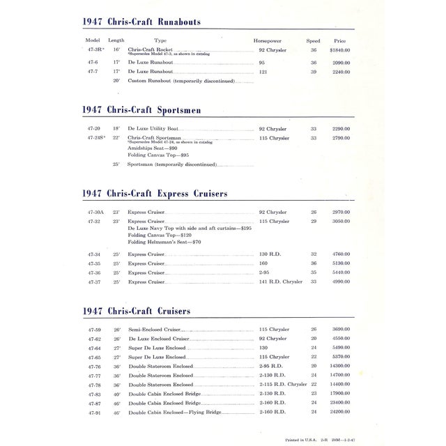 Chris Craft Price Schedule 1947 Fleet For Sale - Image 4 of 4
