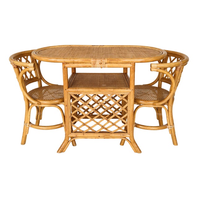 Mid-Century Bamboo and Rattan Compact Dining Table and Chairs, 1970s, Set of 5 For Sale