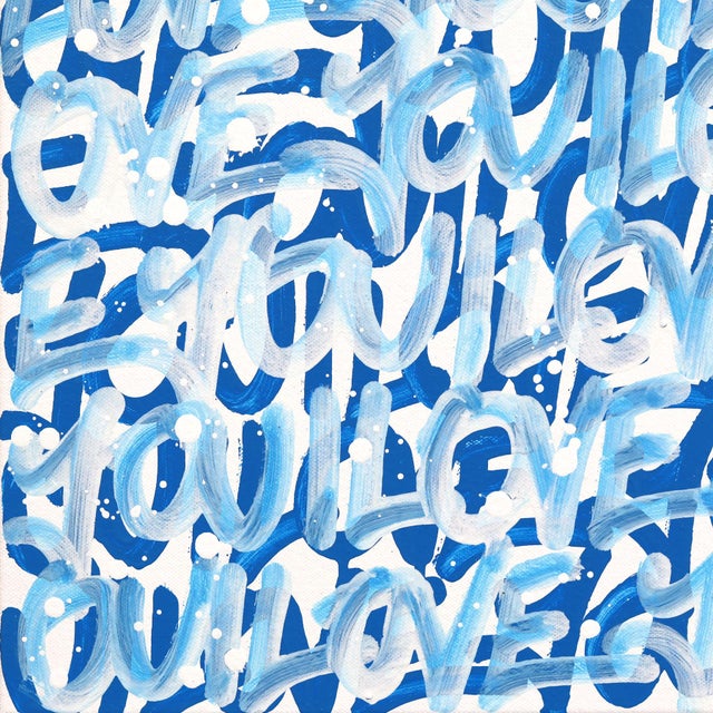 Textile Open Your Heart - Original Blue Graffiti Love Typography Mixed Media Painting For Sale - Image 7 of 9