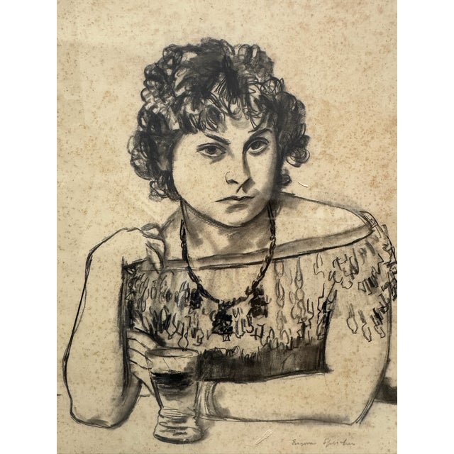 Original pencil drawing (graphite) depicting a seated figure at a table, signed Eugene Speicher (signature visible in...