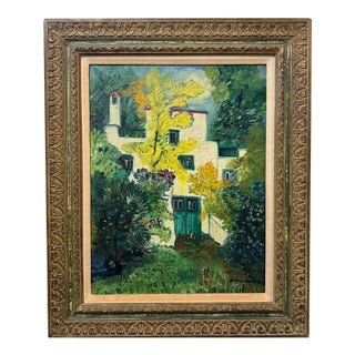 Oil on Canvas, Mediterranean Villa With Garden Artist: Johannes Schiefer For Sale