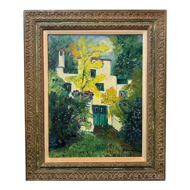 Oil on Canvas, Mediterranean Villa With Garden Artist: Johannes Schiefer For Sale