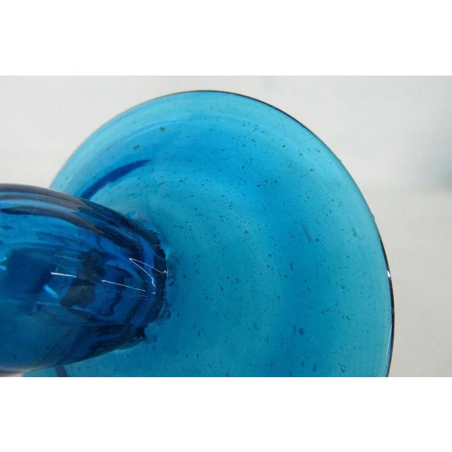 Blue Spindle Pillar Blue Glass Tall Single Candle Stick Holder with Wavy Rim For Sale - Image 8 of 11