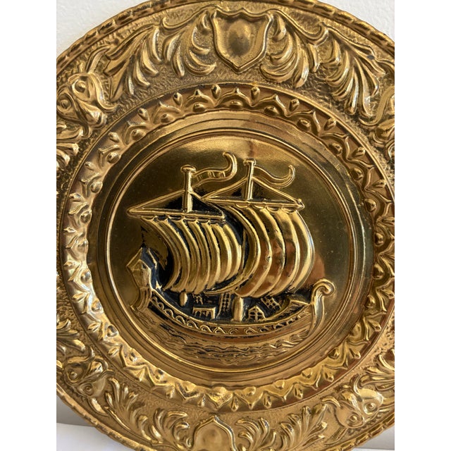 Mid 20th Century Pair of Vintage English Embossed Brass Ship Plates For Sale - Image 5 of 13