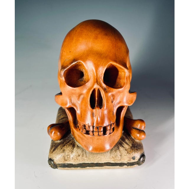 Brown Memento Mori Wooden Sculpture of a Skull For Sale - Image 8 of 8