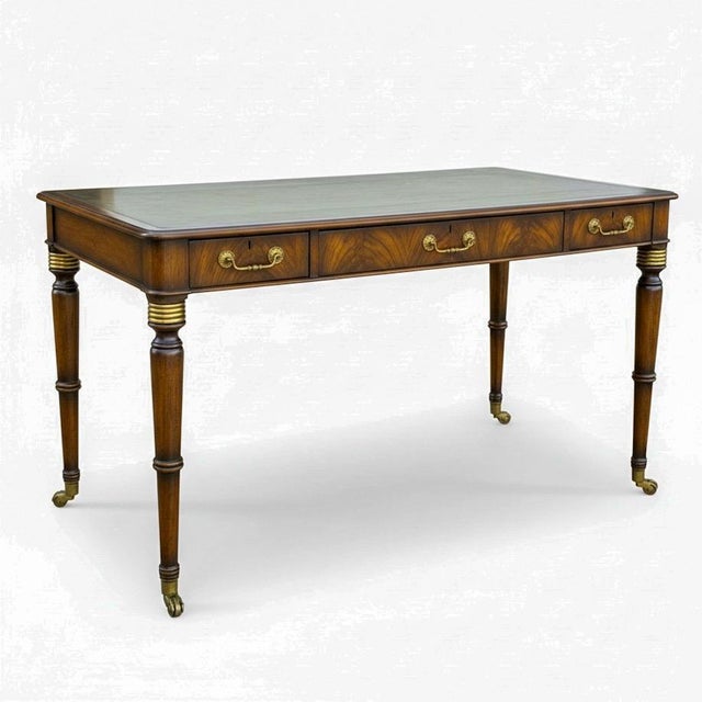 Wood English Regency Style Tolled Leather and Walnut Writing Desk Table For Sale - Image 7 of 7