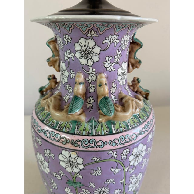 Vintage Chinese Porcelain Floral Lamp With Dragon Relief For Sale In Chicago - Image 6 of 12