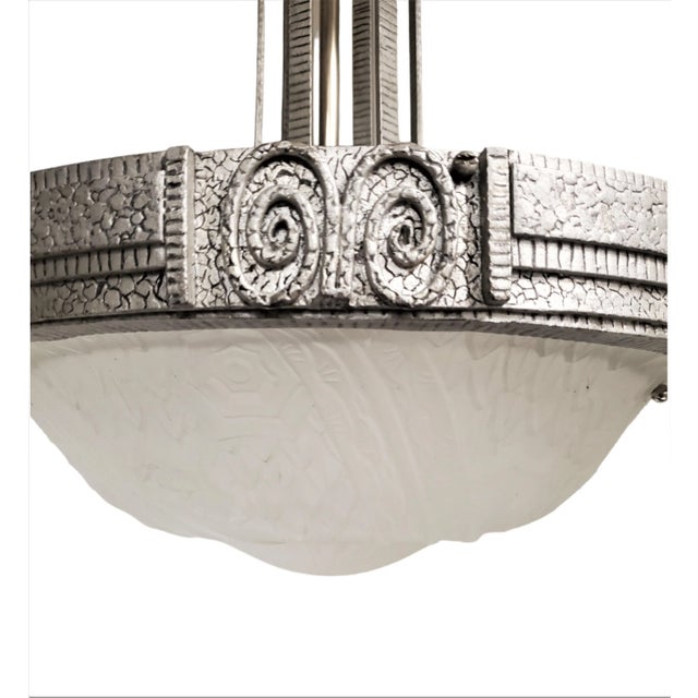 1930s Hand Forged Silver Painted Iron + Art Glass Chandelier With Scroll Design- Schneider For Sale - Image 9 of 12