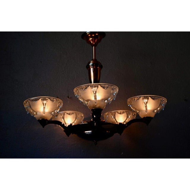 Large Art Deco Chandelier in Gilded Metal and Sandblasted Glass Ezan, France, 1930s For Sale - Image 12 of 18