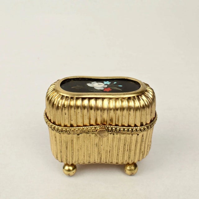 Late 19th Century Small Victorian Gilt Metal Dresser or Ring Box with a Pietra Dura Plaque For Sale - Image 5 of 10