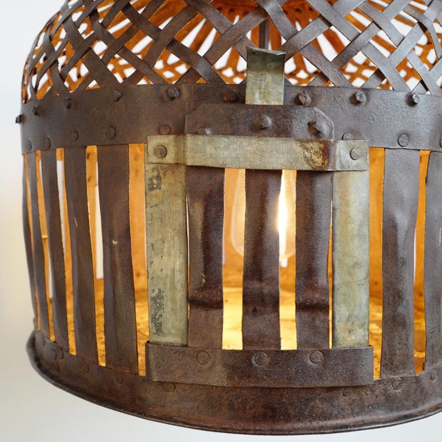 Vintage Farmhouse Industrial Iron Basket Cage Pendant Light For Sale In Los Angeles - Image 6 of 8