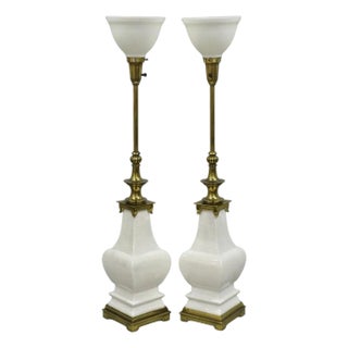 Late 20th Century Stiffel Hollywood Regency Tall Crackle Glazed Ceramic & Brass Table Lamps a Pair For Sale