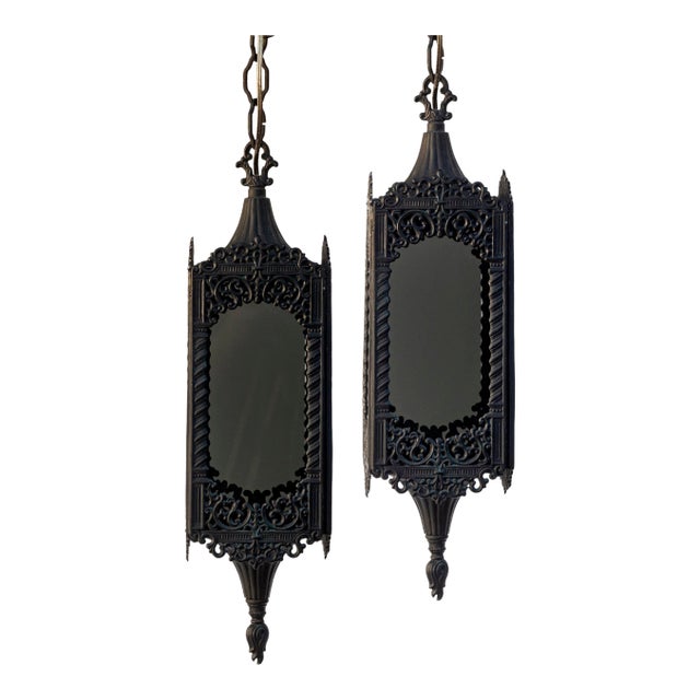 Mid 20th Century Black Hanging Lanterns a Pair For Sale