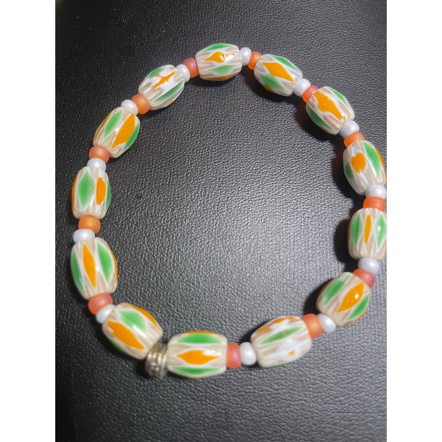 Tangerine Antique Venetian Chevron Trade Bead Necklace and Bracelet Jewelry Set With Frosted Glass Spacers, 2 Pieces For Sale - Image 8 of 8