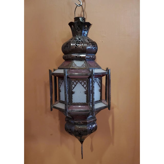 Red Medium Size Moroccan Frosty Glass Lantern in White / Red For Sale - Image 8 of 8