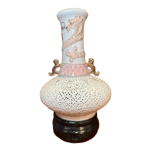 Mid 20th Century Chinese White & Pink Riticulated Ceramic Vase With Dragon Handles and Stand, Chinoiserie Decor