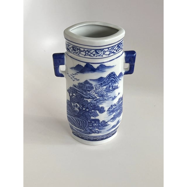 Ceramic Vintage Blue & White Chinoiserie Landscape Amphora Vase With Double Handles, Mid-Century For Sale - Image 7 of 11