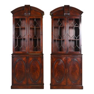 Baker Furniture Style Georgian Flame Mahogany Breakfront Bookcase Cabinets, Pair For Sale