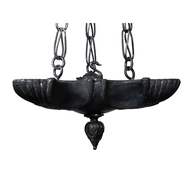 Elegant Italian neoclassical hanging oil lamp inspired by ancient Pompeian models, crafted in patinated bronze and dating...