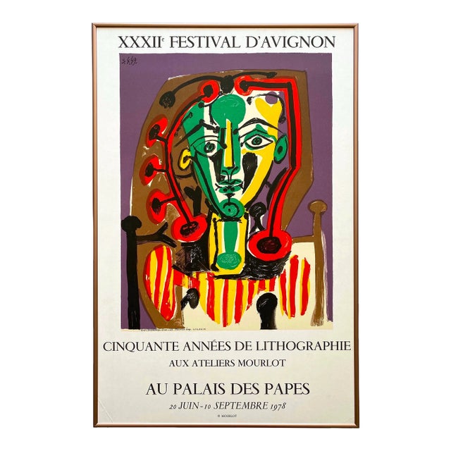 Pablo Picasso Vintage 1978 Mourlot Lithograph Print Framed Mid Century Modern Exhibition Poster " Figure Au Corsage Raye " 1949 For Sale