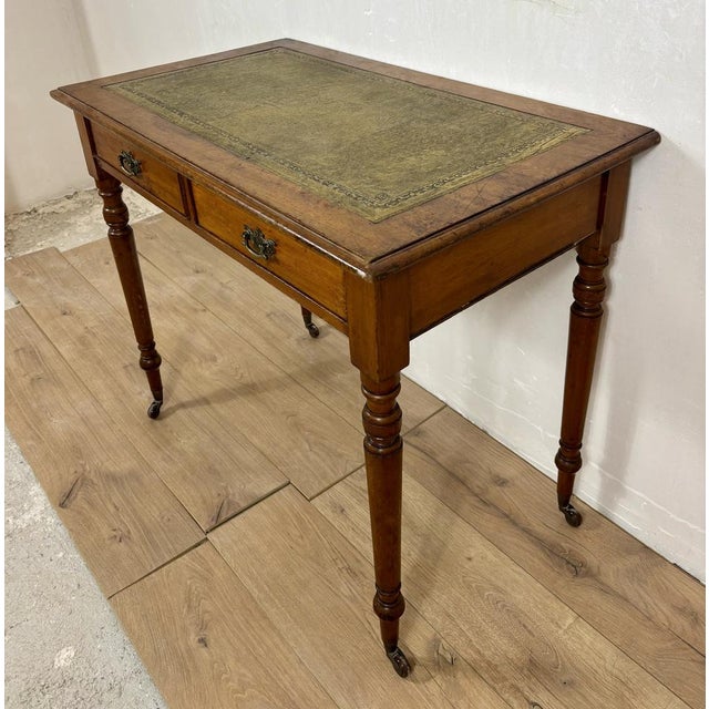 Antique English Style Wooden Writing Table with Leather Top and Drawers, 1930s For Sale - Image 11 of 13