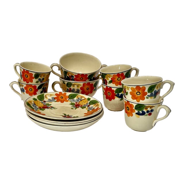 1920s Royal Adams Titan Ware Hand Painted English China “Maytime” Cups and Saucers For Sale