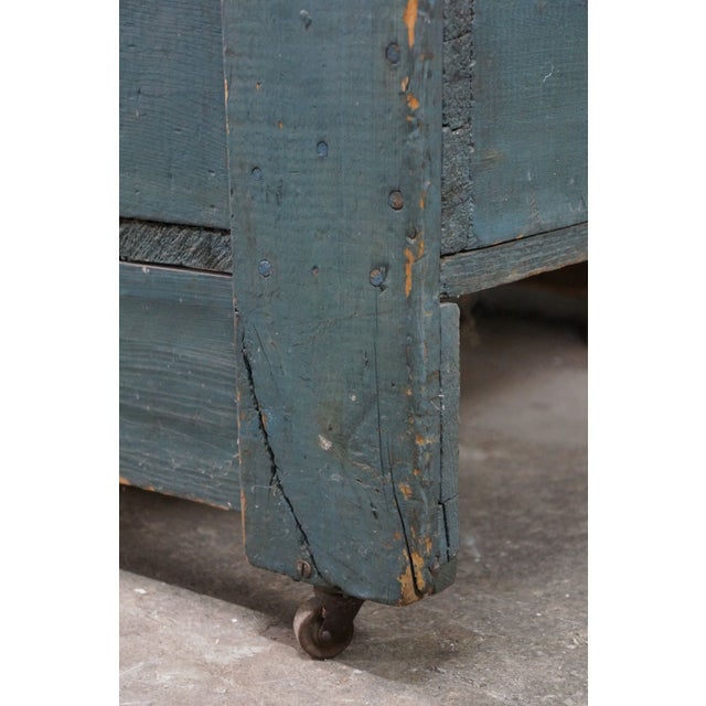 Wood Antique Primitive Pine Bin Teal Blue Milk Paint Wood Storage Rolling Crate Box For Sale - Image 7 of 16