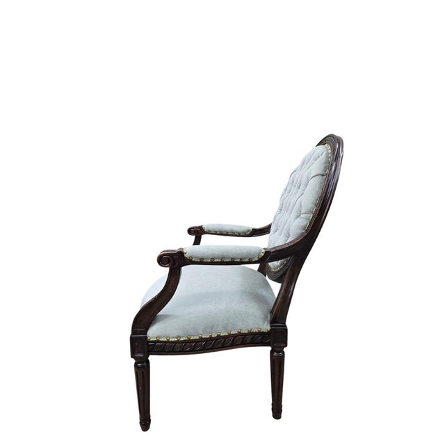 Vintage Louis XVI Style Medallion Back Armchairs Newly Reupholstered - Pair For Sale - Image 11 of 12