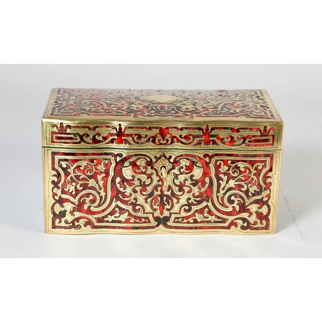 19th Century French rectangular boulle tea caddy. Tea caddy has original double tea compartments with covers. Outer...