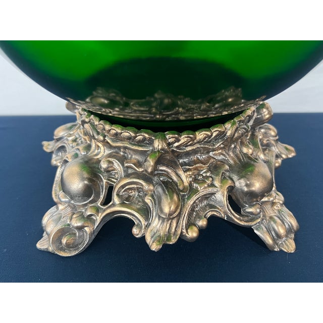 Emerald Green Art Glass Centerpiece Bowl on Ornate Hollywood Regency Pedestal Stand For Sale - Image 4 of 12