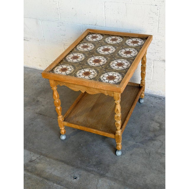 Oak Tile Top Rolling Bar Cart Serving Tea Table in Style of Henning Kjaernulf Denmark Mid-Century 1970s For Sale - Image 9 of 10