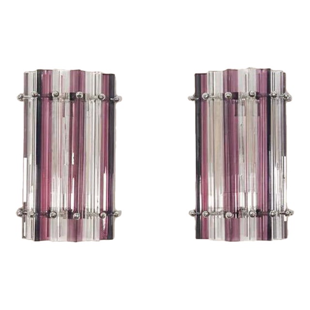Murano Glass Triedri Sconces in Clear & Amethyst | Italian Modern Luxury Wall Lights - a Pair For Sale