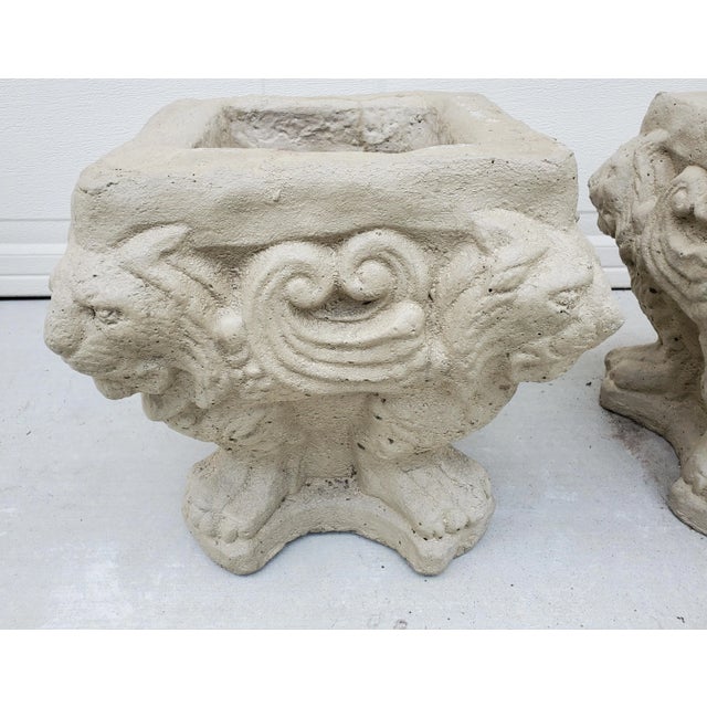 Pair of Early 20th Century Painted Square Cast Stone Lion's Heads and Paw Feet Planters For Sale - Image 9 of 13