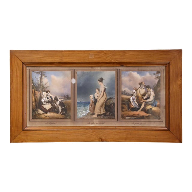 Mid 19th Century French Watercolor Pictures Under Glass in Pine Frame For Sale