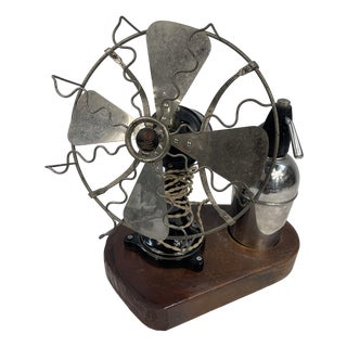 Vintage Ornament with Antique Fan and Wood Base, 1920s For Sale