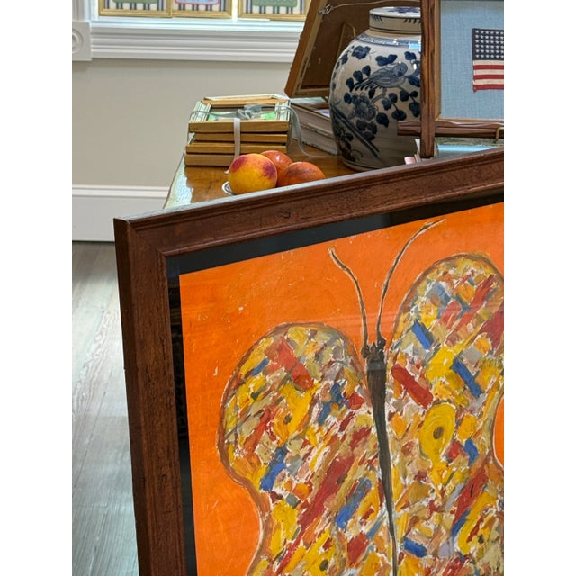 Vintage Peter Passuntino Mosaic Butterfly on Orange Oil Painting - Gold Frame For Sale - Image 4 of 8
