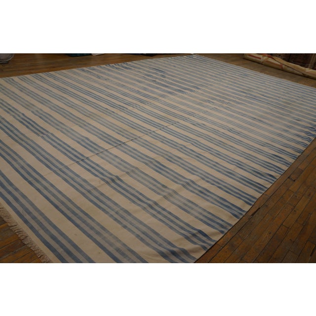 Textile Striking Example of Minimalist With Multi Blue Stripe Dhurrie Style Antique Indian Cotton Rug For Sale - Image 7 of 11
