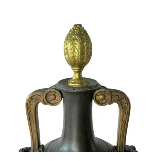 Bronze French Neoclassical Patinated Bronze and Marble Urn Vases, a Pair For Sale - Image 8 of 16